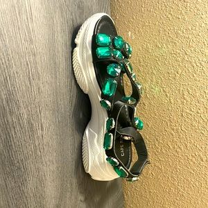 Green bejeweled sandals size 8.